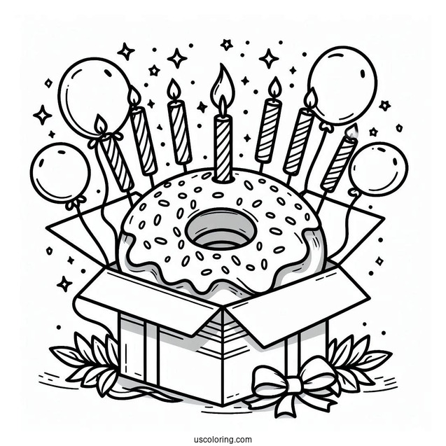 Birthday Donut Coloring Page Popping Out Of A Box