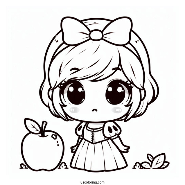 Adorable Chibi Snow White Coloring Pages Staring At An Apple For Preschoolers