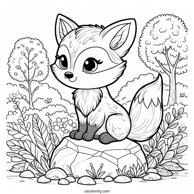 Content Little Fox Coloring Page Sitting On A Rock