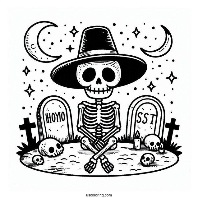 Cute Skeleton Coloring Page In Hat Sitting On Tombstone Halloween