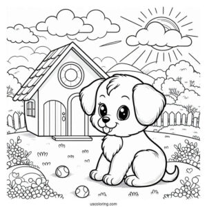 Puppy In Front Of Dog House Coloring Sheet