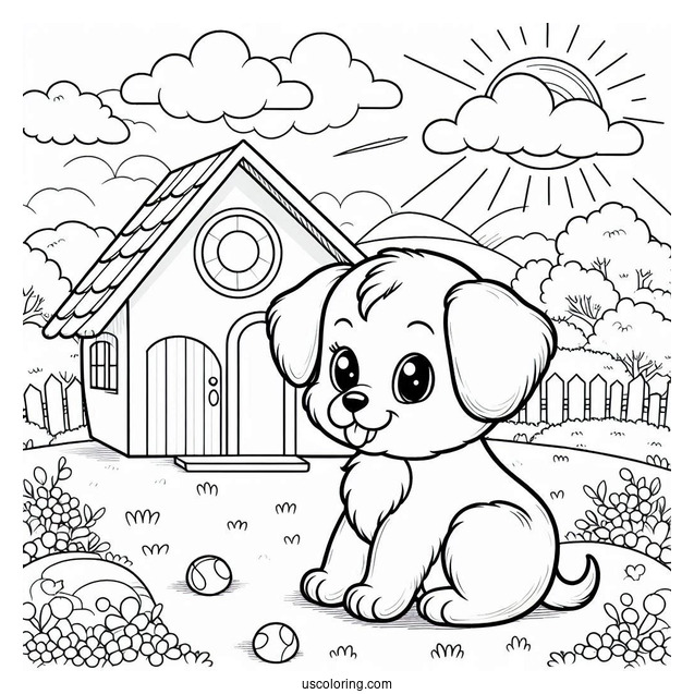 Puppy In Front Of Dog House Coloring Sheet
