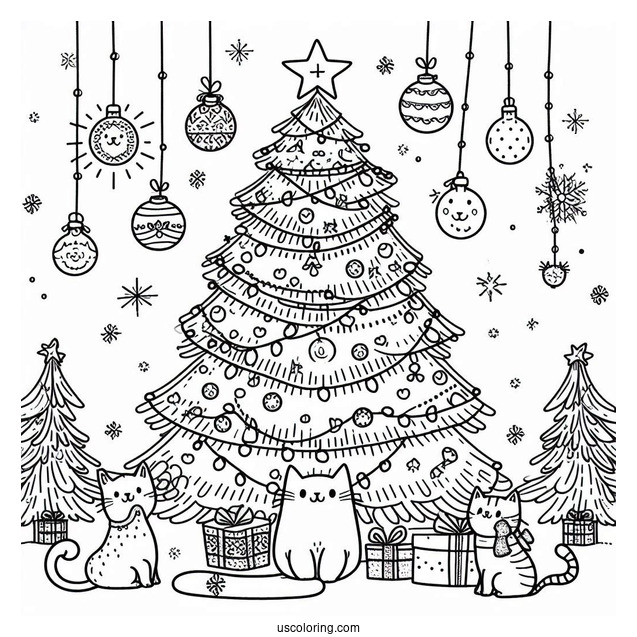 Christmas Tree With Cats Coloring Page