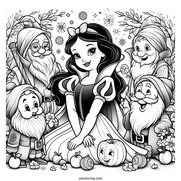 Detailed Snow White Coloring Pages Surrounded By The Dwarves, Prince Charming, And The Evil Queen