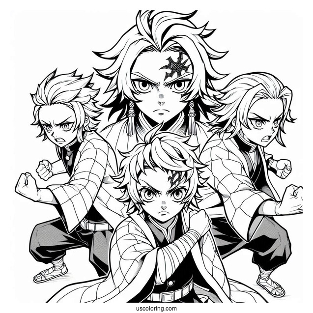 Tanjiro Coloring Page Fighting Alongside Zenitsu Agatsuma And Inosuke Hashibira