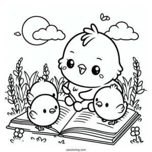 Pochacco Coloring Page Reading Book With Chicks In The Field