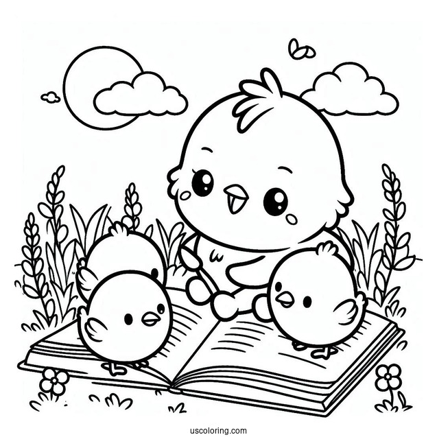 Pochacco Coloring Page Reading Book With Chicks In The Field
