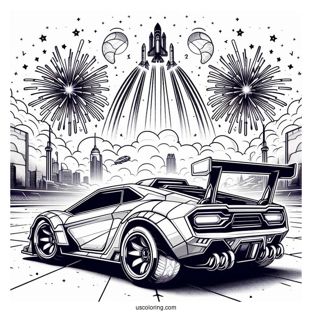 Rear View Of Rocket League Coloring Page Breakout Type S With Fireworks In The Sky