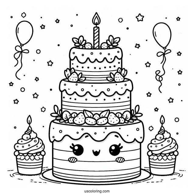 Coloring Sheet Of Cute Tiered Birthday Cake