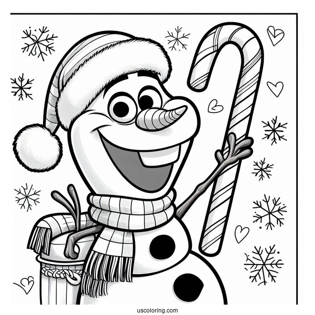 Olaf Wearing Santa Hat With Candy Cane To Color