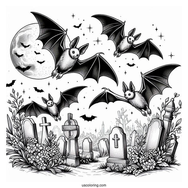 Realistic Bats Coloring Page Flying In Cemetery