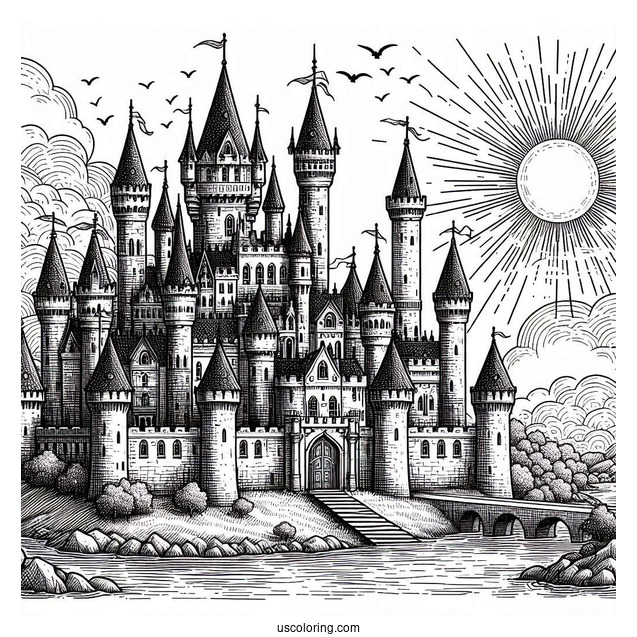 Massive Detailed Castle Coloring Page With The Sun In Background