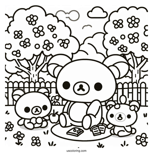 Rilakkuma Coloring Page At The Park With Korilakkuma, Kiiroitori, And Chairoikoguma