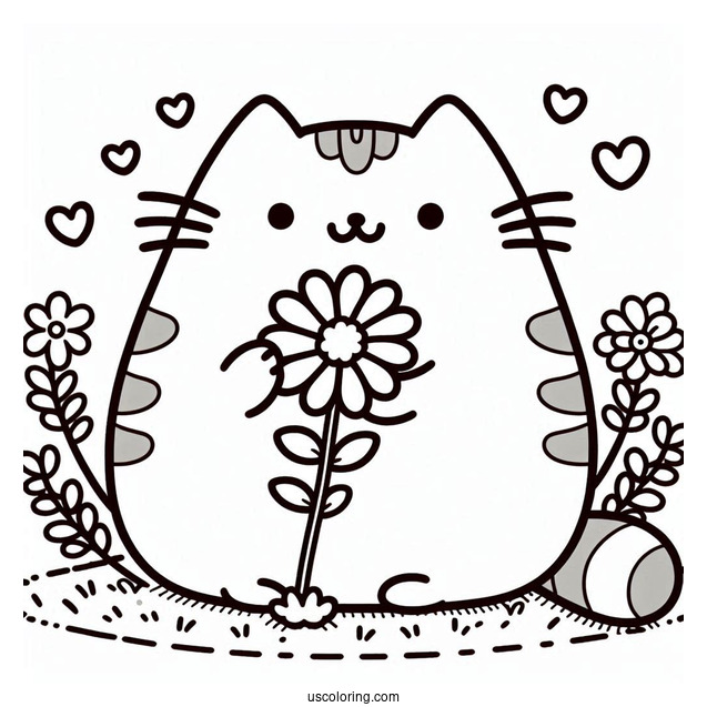 Pusheen Cat Nibbling On a Flower To Color