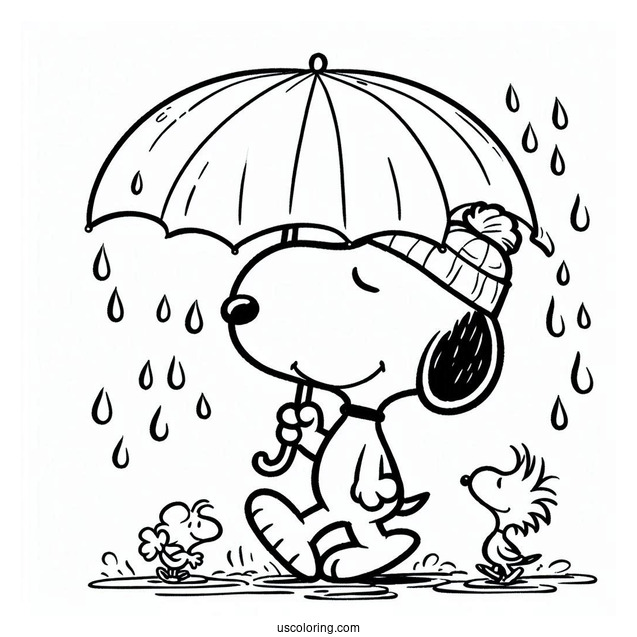 Snoopy And Woodstock Walking Under The Rain Coloring Page
