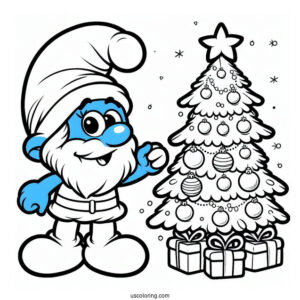 Santa Smurf Beside Christmas Tree Coloring In