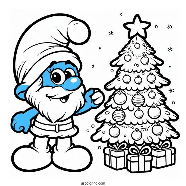 Santa Smurf Beside Christmas Tree Coloring In