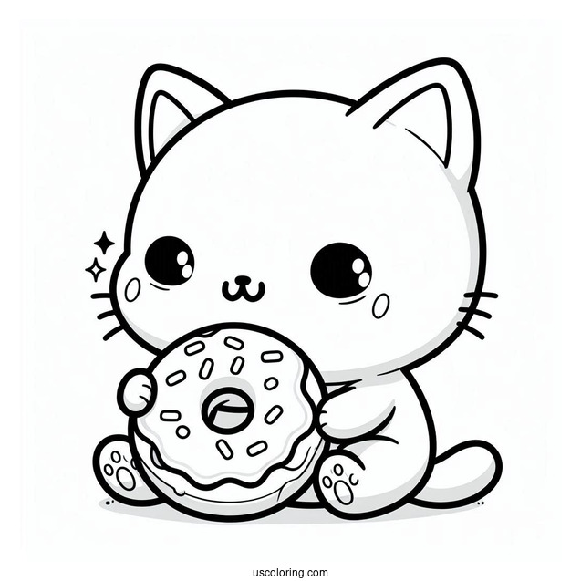 Coloring Sheet Of Cute Cat Eating Donut