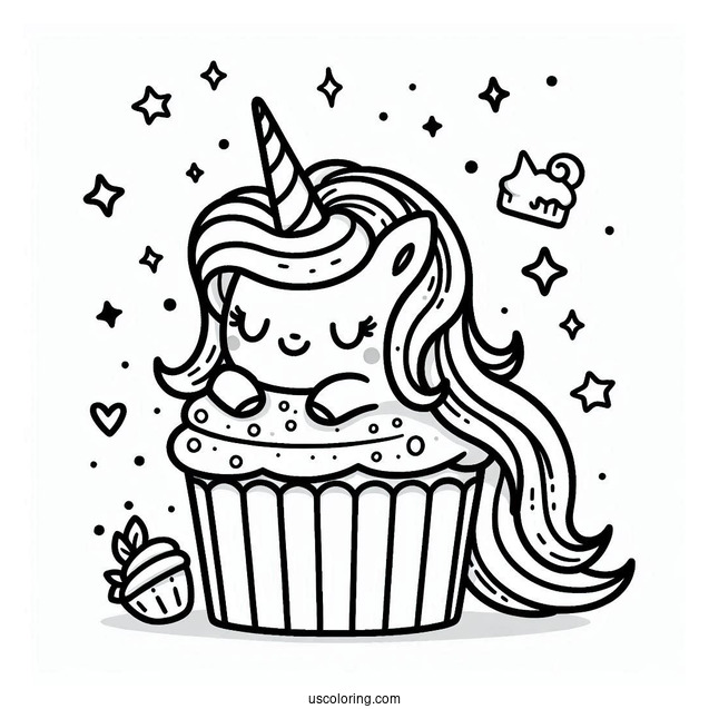 Unicorn Kawaii Cupcake Coloring Picture