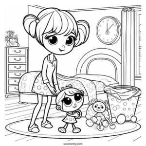 Poppy Playtime Coloring Page Of Poppy In A Room With Mommy Long Legs And Huggy Wuggy