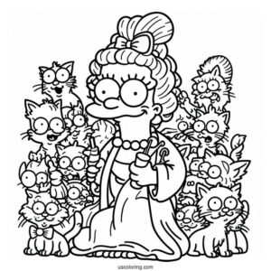 Simpsons Coloring Pages Of Crazy Cat Lady With Her Kittens