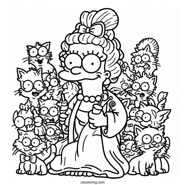 Simpsons Coloring Pages Of Crazy Cat Lady With Her Kittens