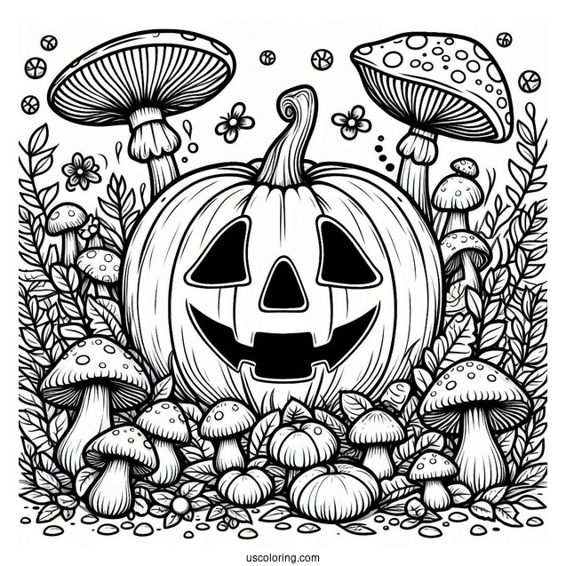 Pumpkin Coloring Page Of Creepy Jack O Lantern Surrounded By Mushrooms In The Garden