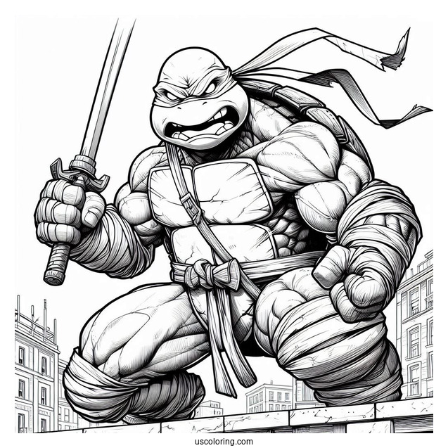 Ninja Turtles Coloring Page Of Angry Raphael Holding Sword On Rooftop