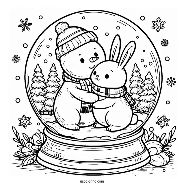 Snowman Hugging Rabbits Snow Globe Coloring Page