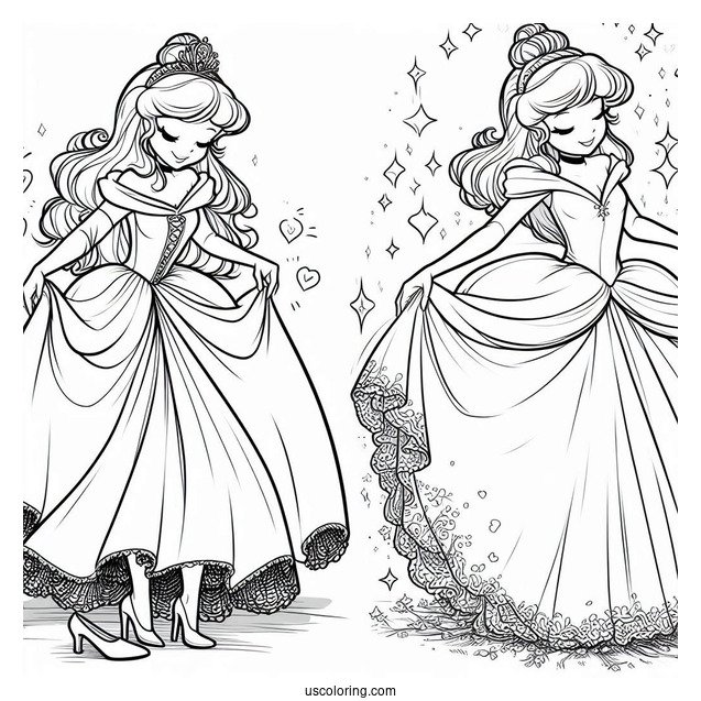 Cinderella Transforming In To a Princess Coloring Page