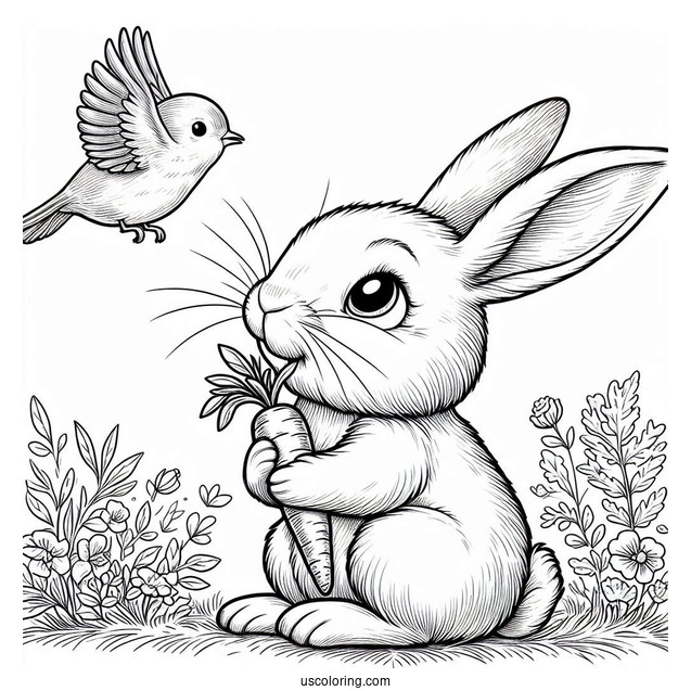 Peter Rabbit Coloring Page Nibbling On A Carrot While Looking Up At A Bird