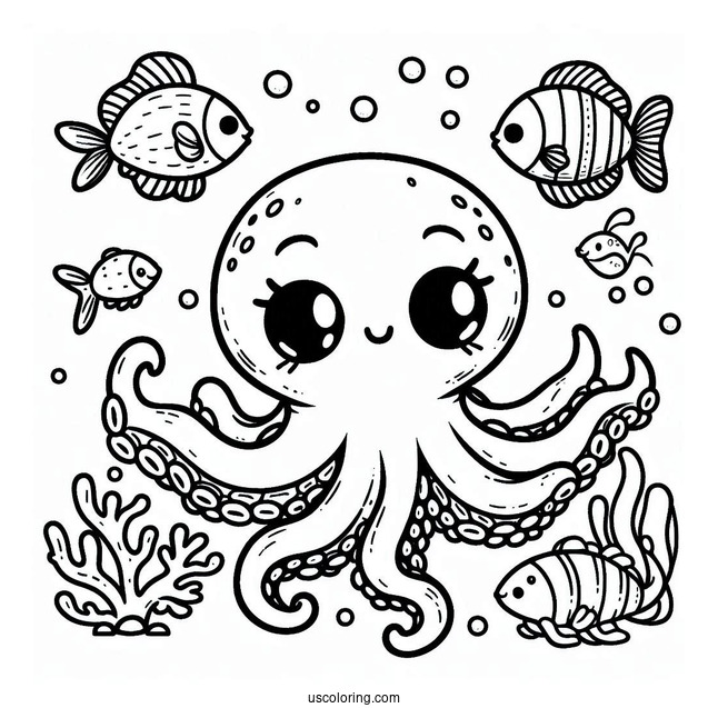 Kawaii Octopus Coloring Page Swimming With Fish