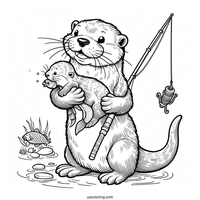 Daddy Otter Coloring Page With Fishing Rod And Baby Otter Carrying Fish