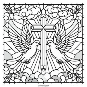Two Doves Flying To The Cross Stained Glass Coloring Page