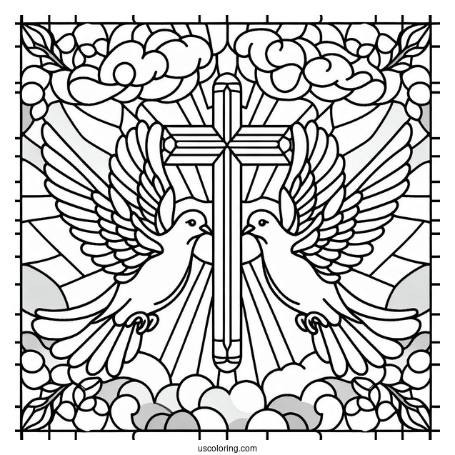 Two Doves Flying To The Cross Stained Glass Coloring Page