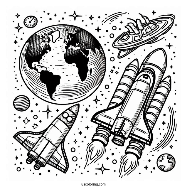 Easy Coloring Page Of NASA Space Shuttle Around Earth