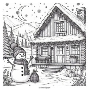 Christmas Coloring Pages For Adults Of Realistic Cabin In Winter With Snowman Outside Coloring Sheet