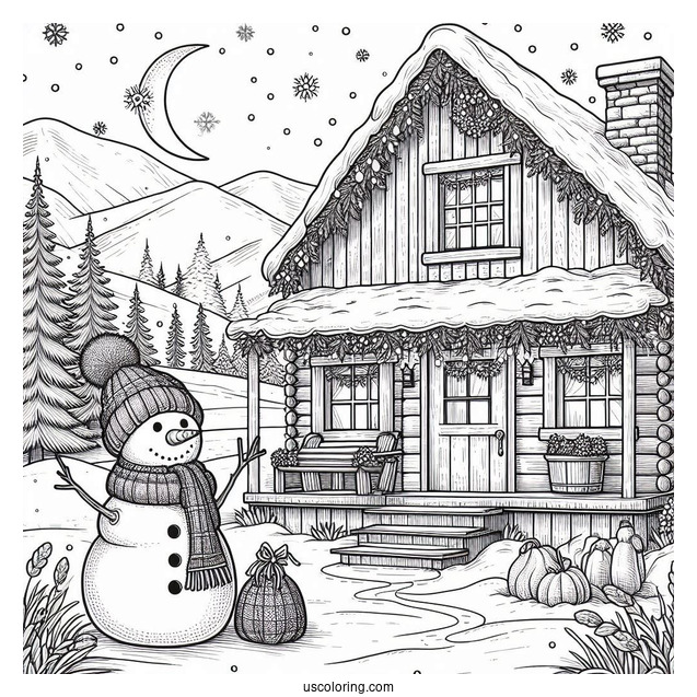 Christmas Coloring Pages For Adults Of Realistic Cabin In Winter With Snowman Outside Coloring Sheet