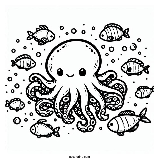 Chibi Octopus Coloring Page Swimming With Fish