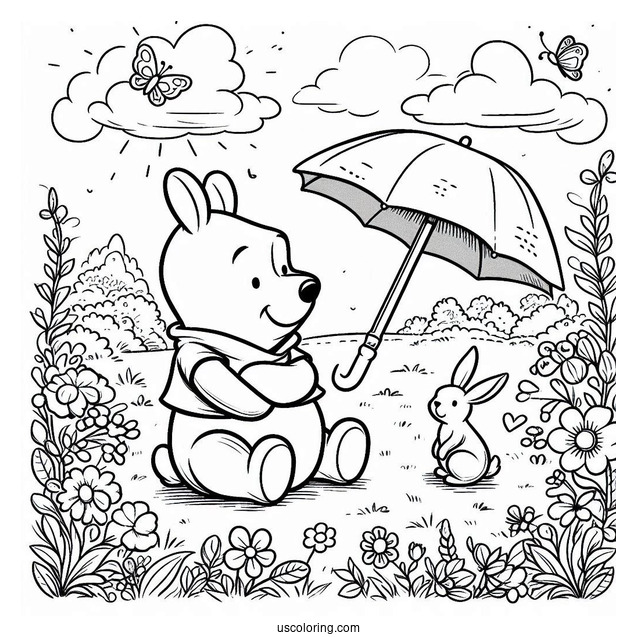 Winnie The Pooh Sitting On A Flower Field With A Rabbit Coloring Page