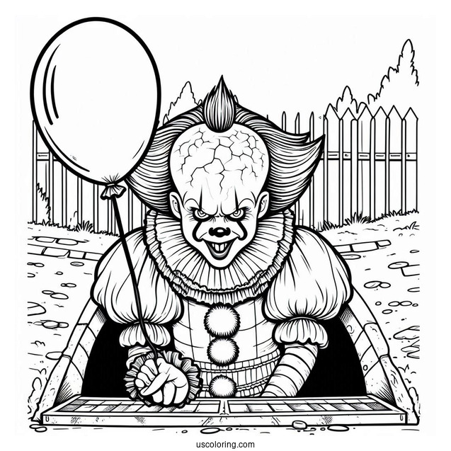 Terrifying Pennywise Coloring Page Holding A Balloon In Front Of A Sewer