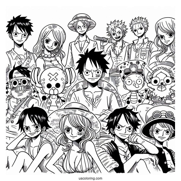 One Piece Coloring Page Of Luffy, Nami, Robin, Sanji, Zoro, Franky, Chopper, Brook, And Usopp
