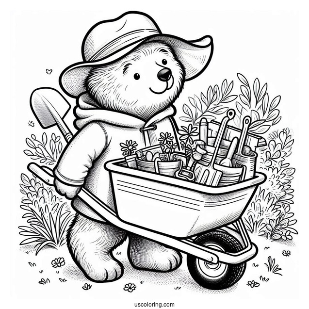 Paddington Coloring Page Pushing A Wheelbarrow Full Of Gardening Tools