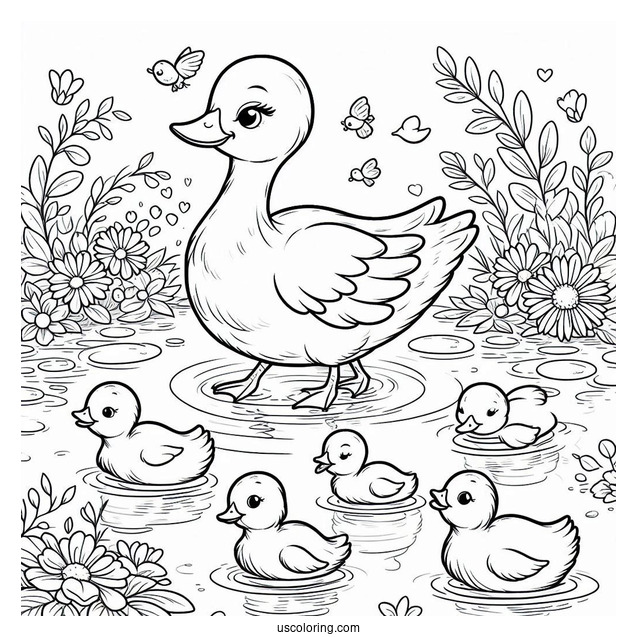 Ducklings Following Mom In The Pond