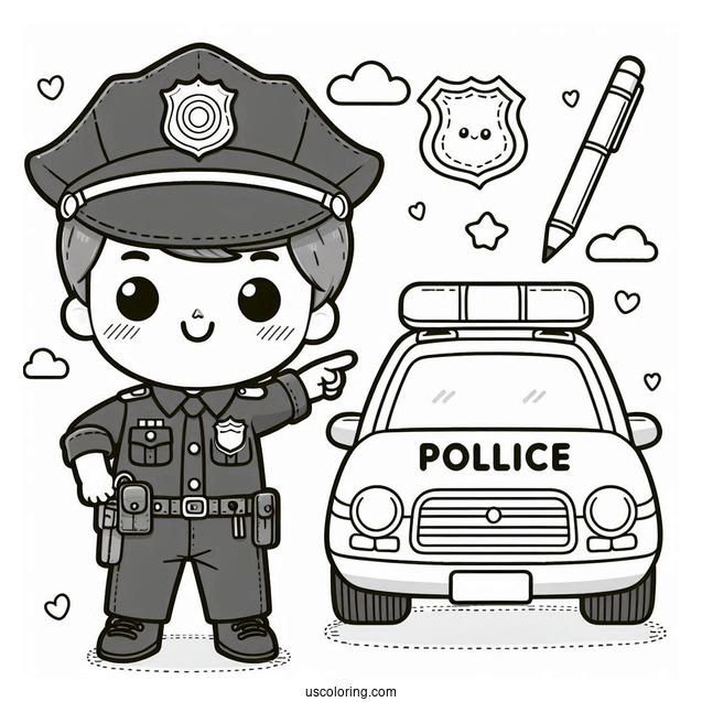 Cartoon Police Officer Next To His Police Car Coloring Page