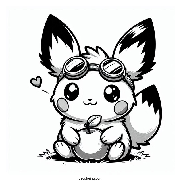 Adorable Pichu Coloring Page Wearing Goggles And Biting An Apple