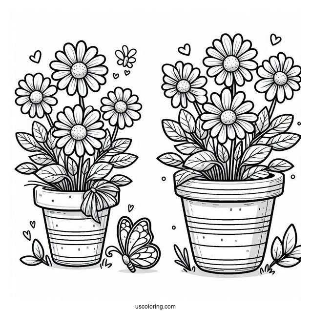 Flower Coloring Pages Of Daisies In Cartoon Pot With Butterfly