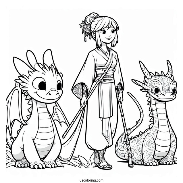 Raya And The Last Dragon Coloring Page Of Raya, Sisu, Tuk Tuk, And Namaari