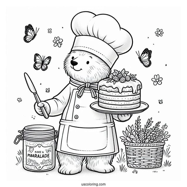 Chef Paddington Coloring Page Carrying A Cake And A Jar Of Marmalade