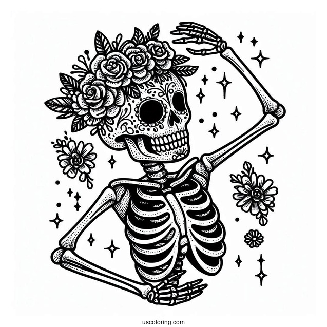 Skeleton Coloring Page Of Sugar Skull With Flower Crown Dancing
